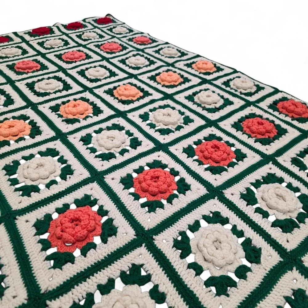 Handmade Crochet Knit Throw Granny Blanket 3D Afghan Roses Square Floral Cottage